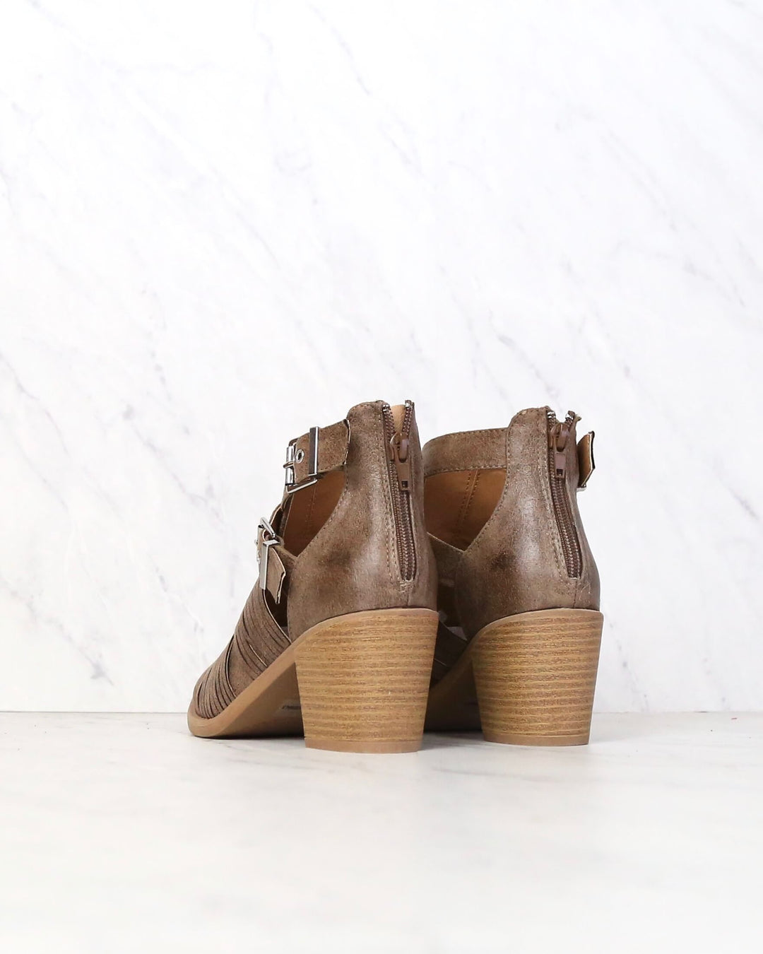 Final Sale - Lust Valley Strappy Cut Out Ankle Booties in Taupe