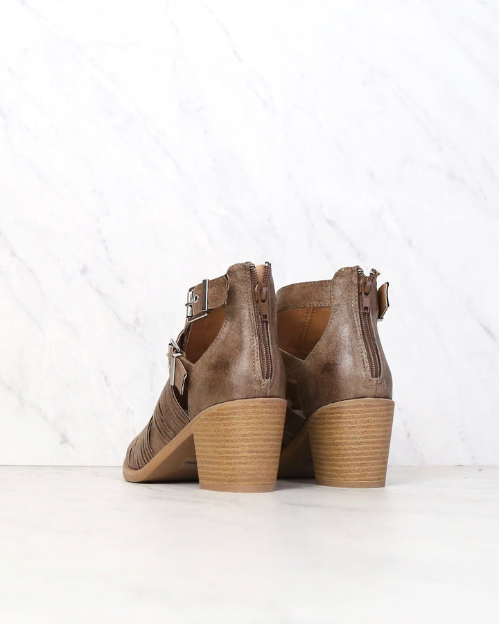 Final Sale - Lust Valley Strappy Cut Out Ankle Booties in Taupe