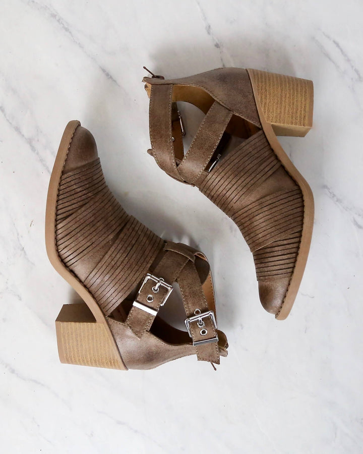 Final Sale - Lust Valley Strappy Cut Out Ankle Booties in Taupe