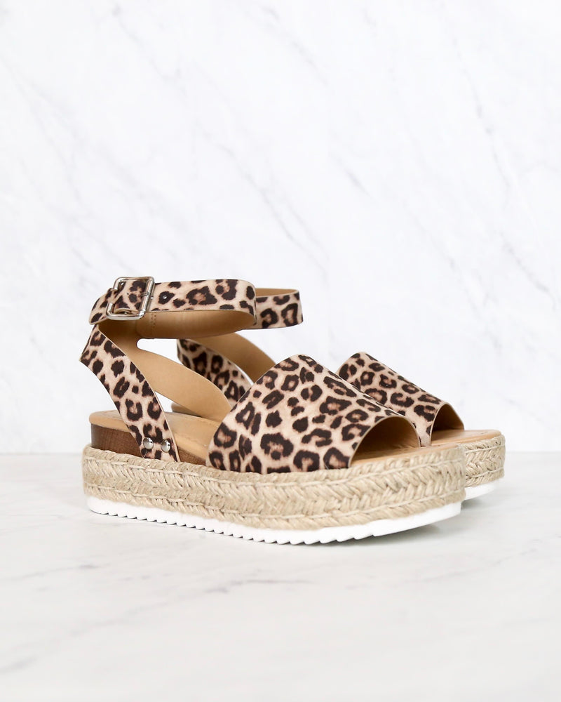 Trendy Sporty Flatfrom Espadrille Sandal with Adjustable Ankle Strap in Oat Cheetah