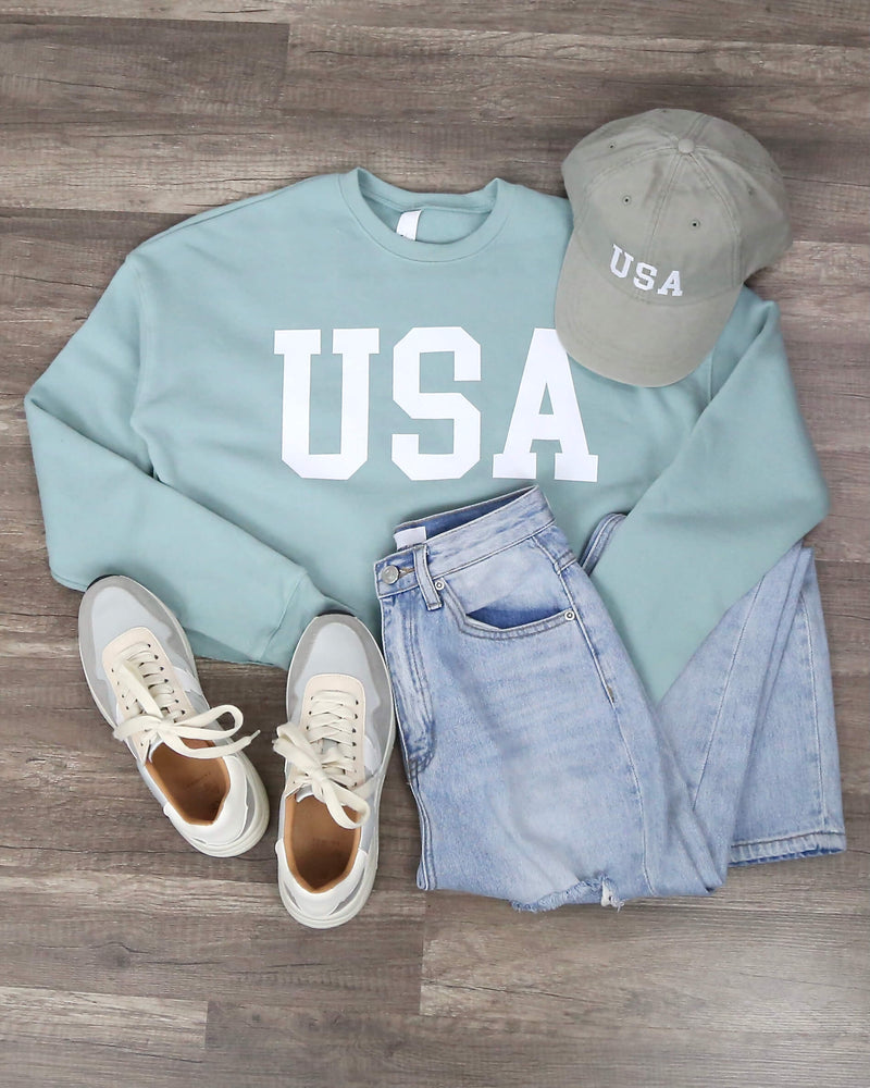 distracted - crop - sweater - usa - patriotic - pullover - raw hem - dusty blue