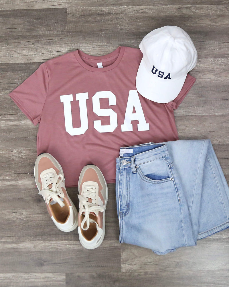 Distracted - USA Crop Top Graphic Tee in Mauve/White