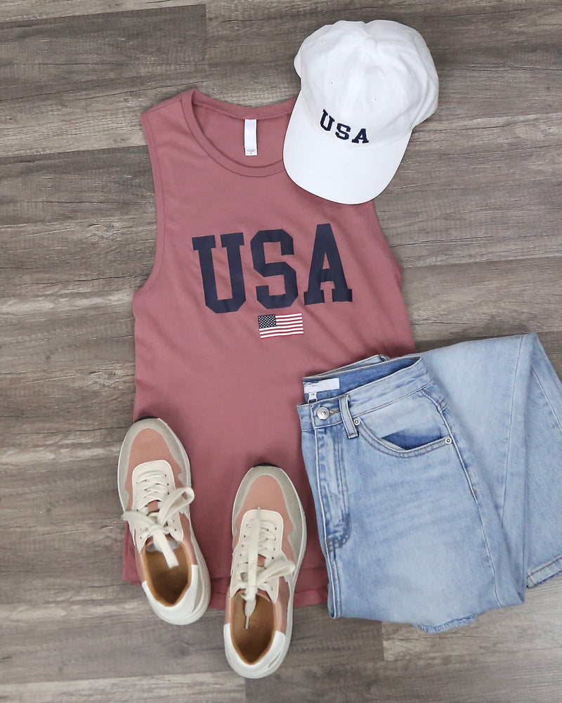 USA - muscle tank - tank top - sleeveless - flag - patriotic - graphic tee - distracted - mauve