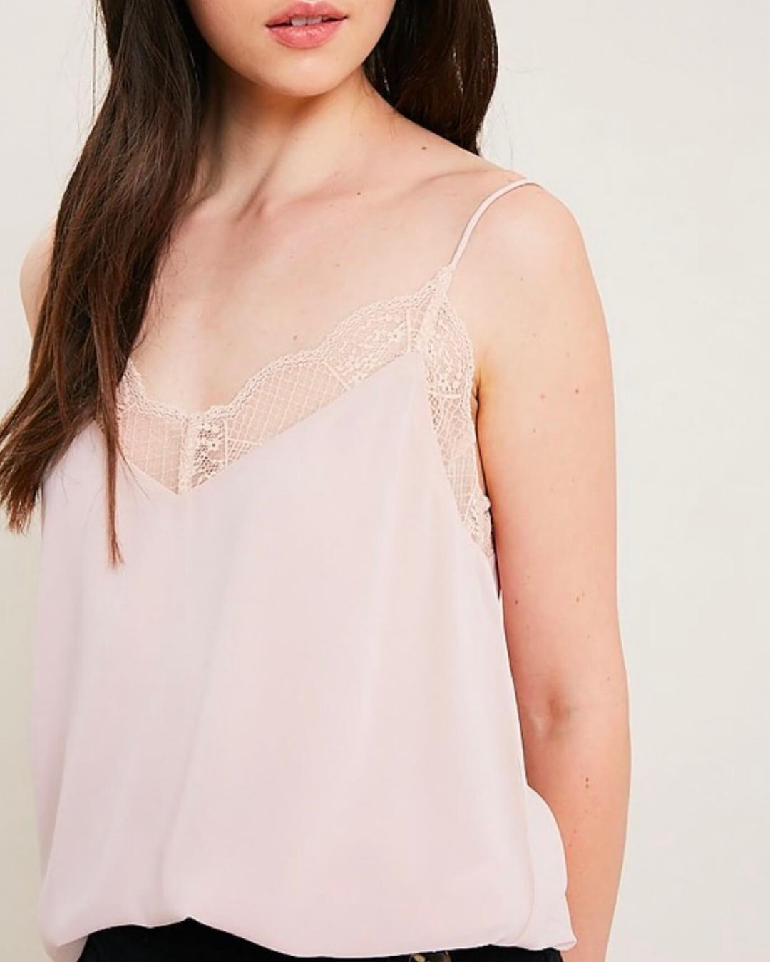 V-Neck Sleeveless Lace Trimmed Camisole Top in Blush