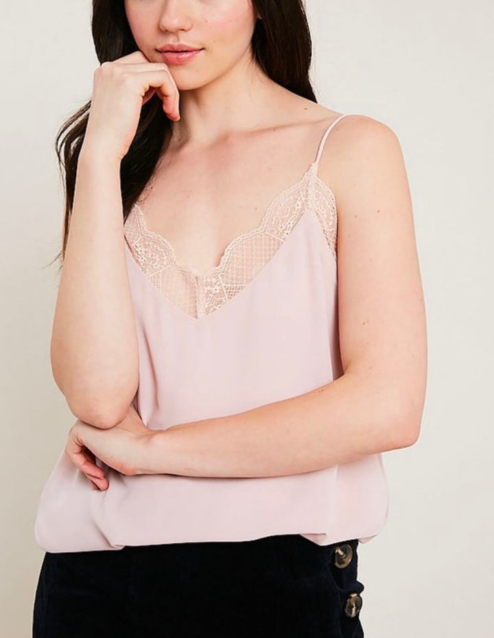 V-Neck Sleeveless Lace Trimmed Camisole Top in Blush
