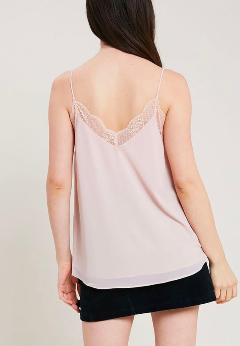 V-Neck Sleeveless Lace Trimmed Camisole Top in Blush