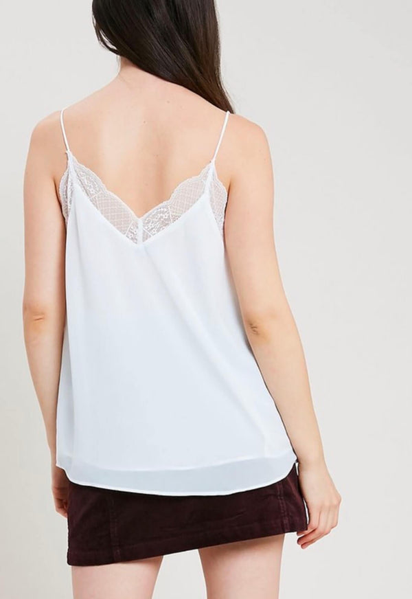 V-Neck Sleeveless Lace Trimmed Camisole Top in Ivory