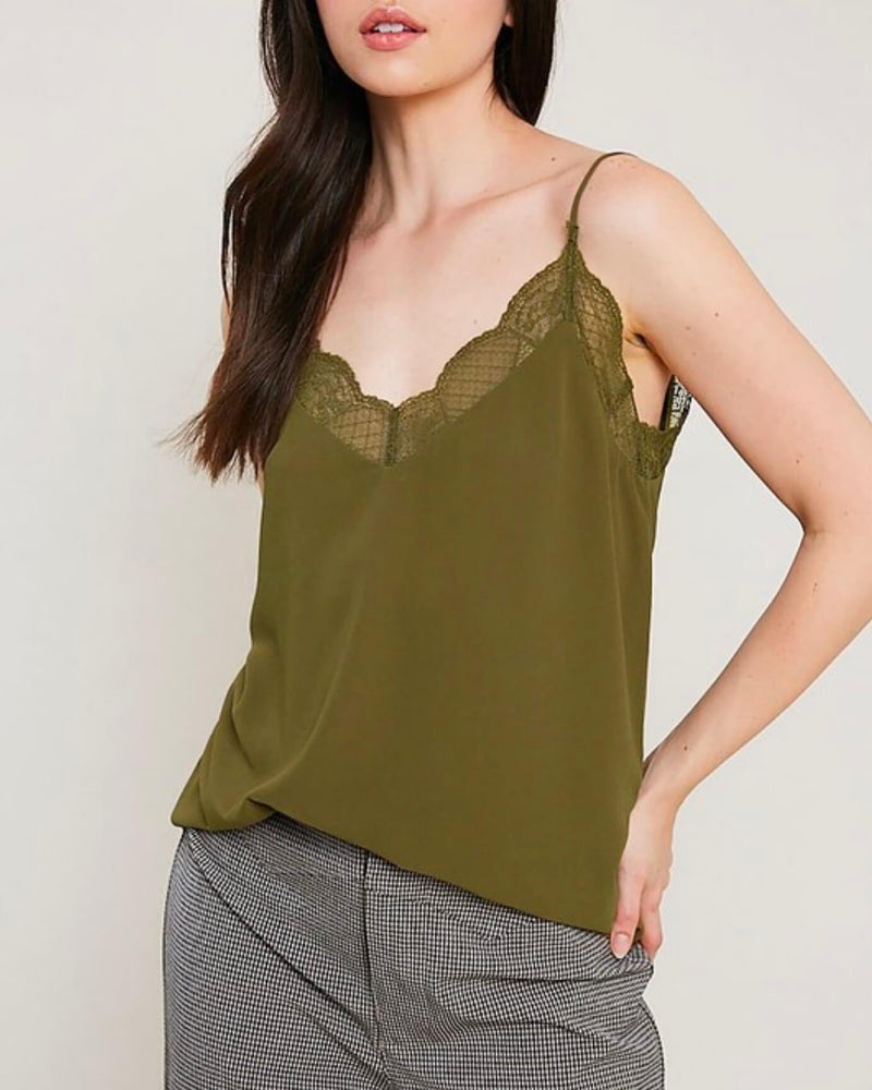 V-Neck Sleeveless Lace Trimmed Camisole Top in Olive
