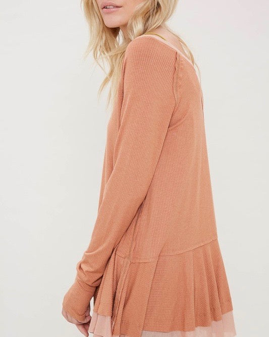 V-Neck Raglan Linen Ruffled Double Hem Top with Thumb Holes in Ginger ...