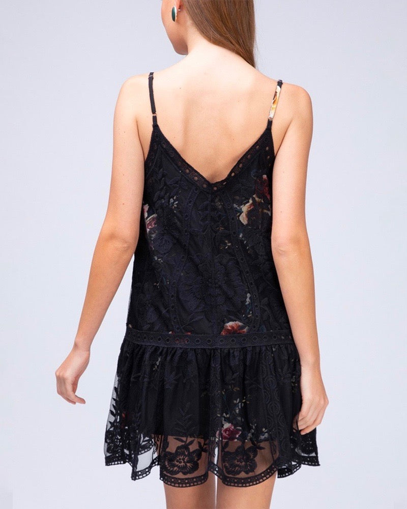 Care About You V-neck Lace and Floral Print Dress in Black