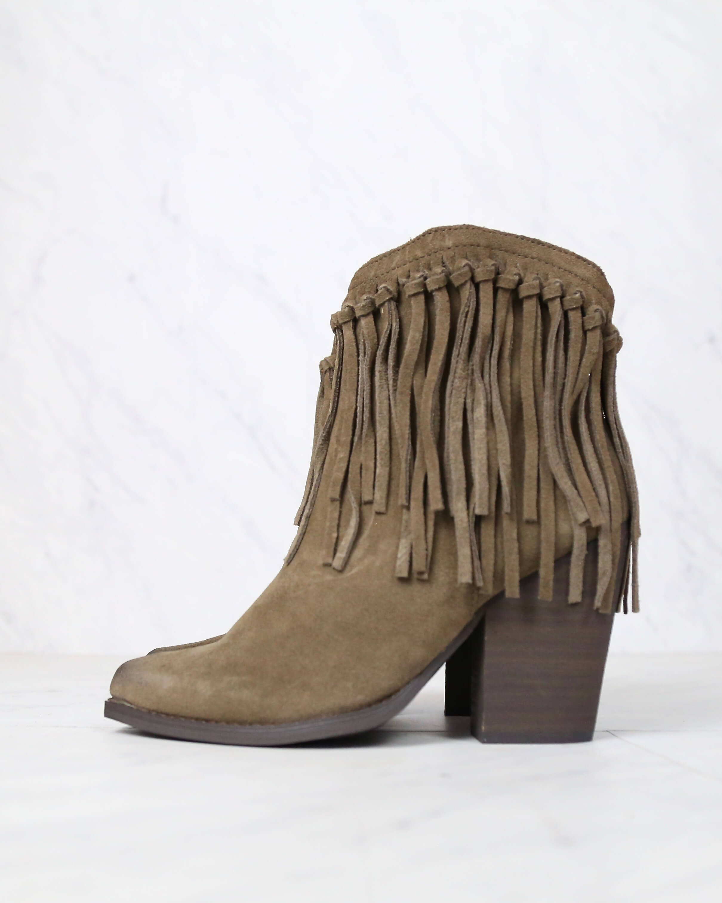 Very Volatile - Cupid Fringe Ankle Booties in Khaki – Shop Hearts