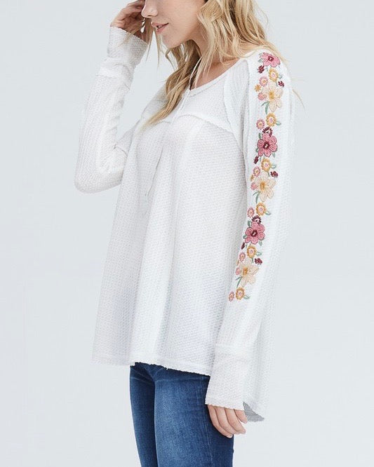 Where Your Love Lies Waffle Knit Embroidered Long Sleeve Henley Thermal Top in Ivory