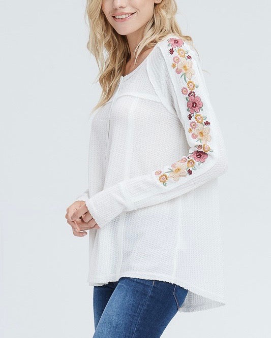 Where Your Love Lies Waffle Knit Embroidered Long Sleeve Henley Thermal Top in Ivory