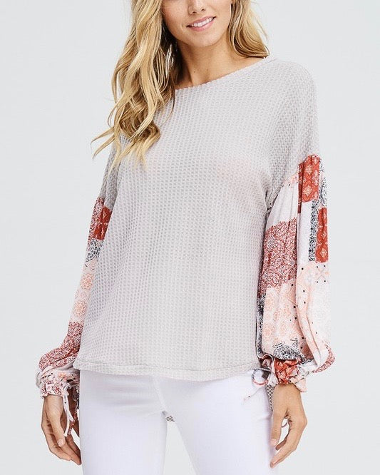 The Way You Move - Waffle Knit Top with Contrasting Sleeves - More Colors